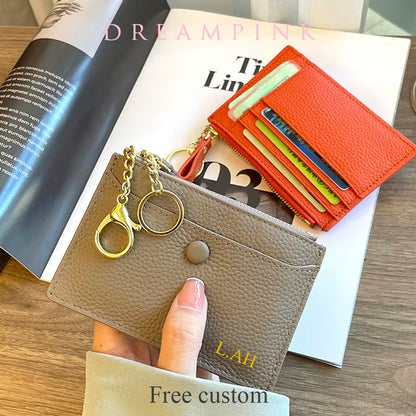 Custom Initials Women Wallet Personalize Name Gift Genuine Leather Short Keychain Coin Purse Lady Credit Card Holder Money Bag