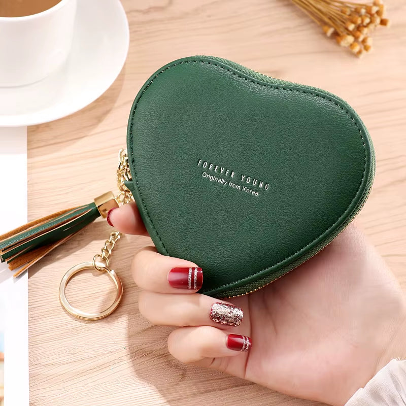 Fashion Heart Shape Women'S Wallets PU Leather Tassels Zipper Mini Clutch Key Ring Coin Money Bag Girls Cute Small Purse