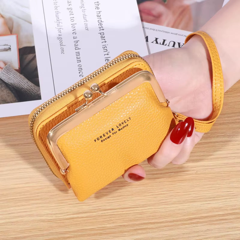 2023 New Women'S Wallet Card Holder Wrist Strap Short Wallet Multi-Cards Holder Coin Purse Women Leather Zipper Hasp Clutch Bag