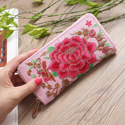 Ethnic Style Embroidery Ladies Wallets Rose Pattern Long Clutch Cloth Money Bag Large Capacity Phone Pocket Women Coin Purse