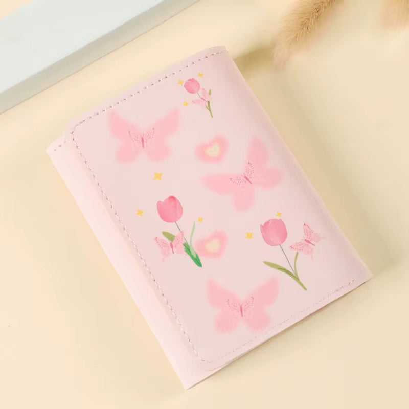 Cute Bow Wallet Women Sweet Pink Color Style Floral Purse Card Holder for Girl Portable Travel Cash Coin Photo Card Bag