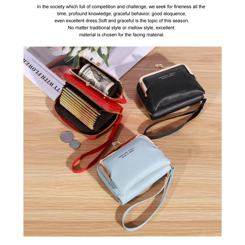 2023 New Women'S Wallet Card Holder Wrist Strap Short Wallet Multi-Cards Holder Coin Purse Women Leather Zipper Hasp Clutch Bag