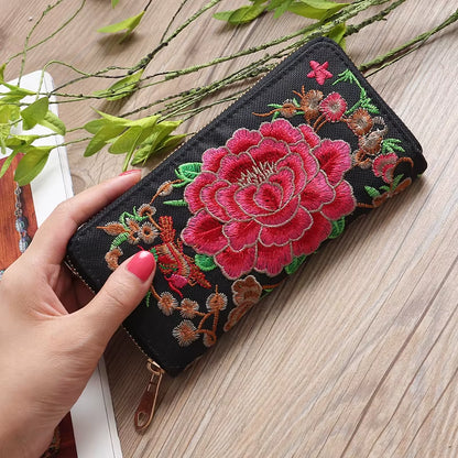 Ethnic Style Embroidery Ladies Wallets Rose Pattern Long Clutch Cloth Money Bag Large Capacity Phone Pocket Women Coin Purse