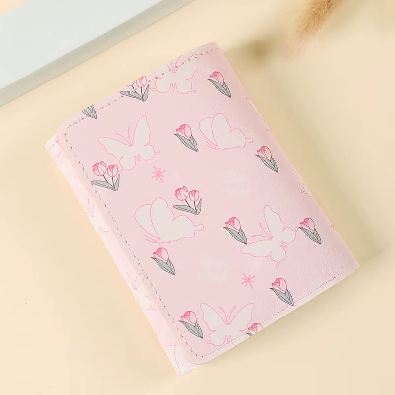 Cute Bow Wallet Women Sweet Pink Color Style Floral Purse Card Holder for Girl Portable Travel Cash Coin Photo Card Bag