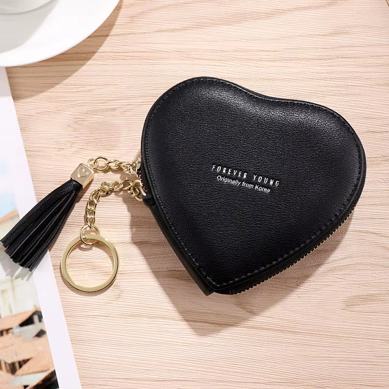 Fashion Heart Shape Women'S Wallets PU Leather Tassels Zipper Mini Clutch Key Ring Coin Money Bag Girls Cute Small Purse