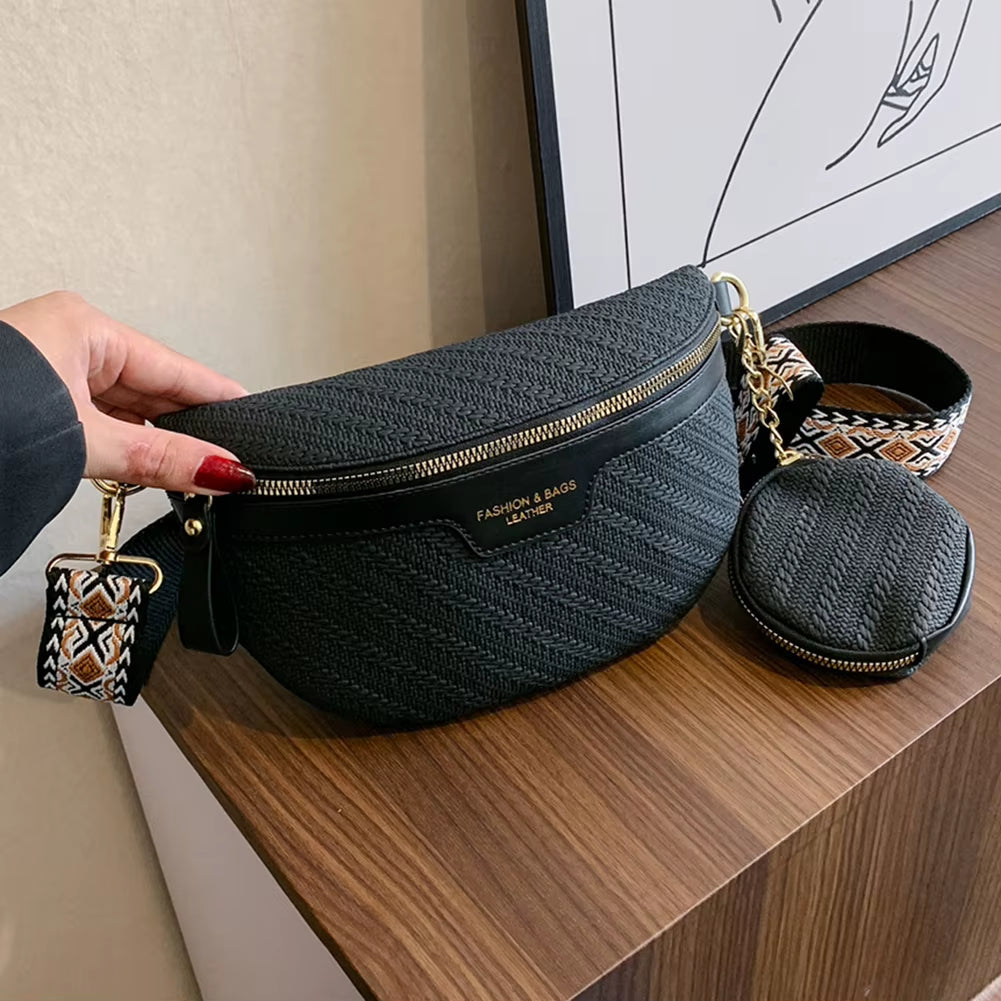 Jacquard Woven Strap Banana Bag PU Leather Waist Bag with Coin Purse Women'S Fashion Crossbody Bag Ladies Chest Bag Shoulder Bag