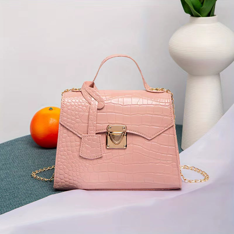 Chic Crocodile-Embossed Mini Handbag for Women Solid Color, Twist Lock Closure Handbags Women Designer Tote Bag for Women Purse