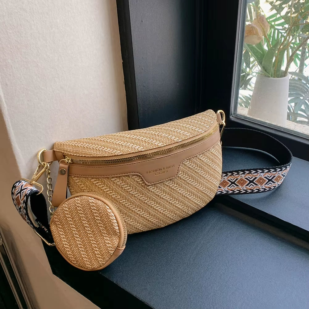 Jacquard Woven Strap Banana Bag PU Leather Waist Bag with Coin Purse Women'S Fashion Crossbody Bag Ladies Chest Bag Shoulder Bag