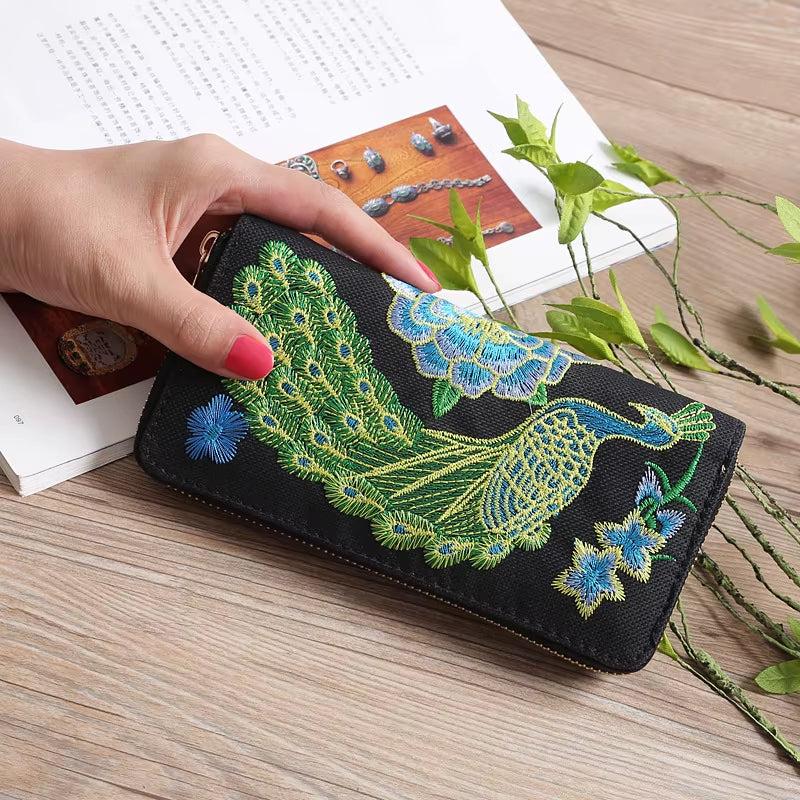 Ethnic Style Embroidery Ladies Wallets Rose Pattern Long Clutch Cloth Money Bag Large Capacity Phone Pocket Women Coin Purse