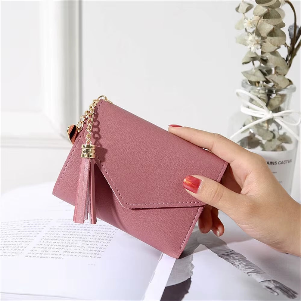 Short Women'S Wallet Tassel Pendant Coin Purse Mini Portable Lady Leather Folding Envelope Card Holder Money Bag Girls Gift