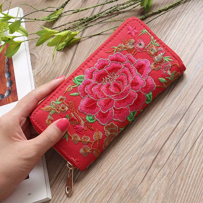 Ethnic Style Embroidery Ladies Wallets Rose Pattern Long Clutch Cloth Money Bag Large Capacity Phone Pocket Women Coin Purse