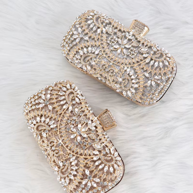 Diamond Evening Clutch for Women Wedding Mini Purse Chain Shoulder Bag Small Hollow Out Flowers Crystal Party Handbag