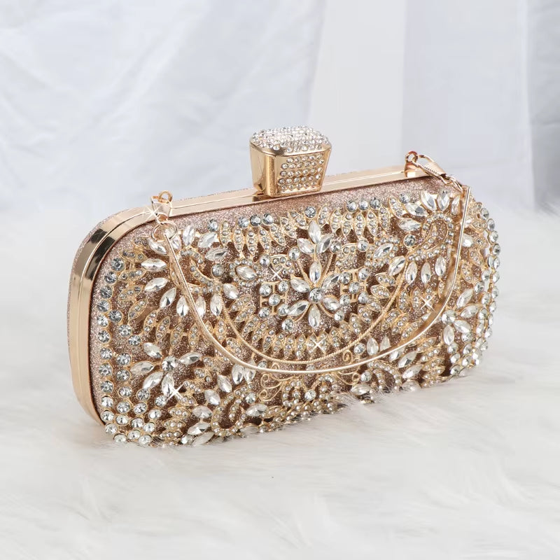 Diamond Evening Clutch for Women Wedding Mini Purse Chain Shoulder Bag Small Hollow Out Flowers Crystal Party Handbag