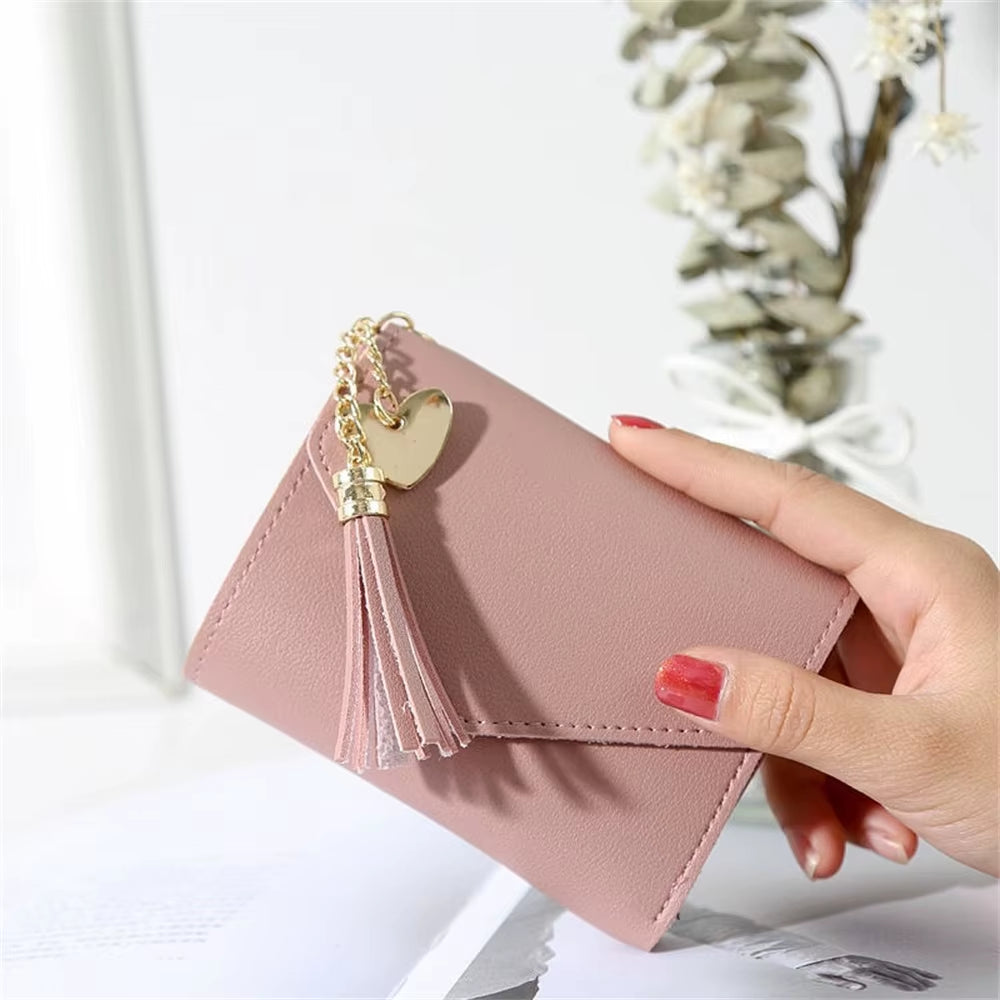 Short Women'S Wallet Tassel Pendant Coin Purse Mini Portable Lady Leather Folding Envelope Card Holder Money Bag Girls Gift