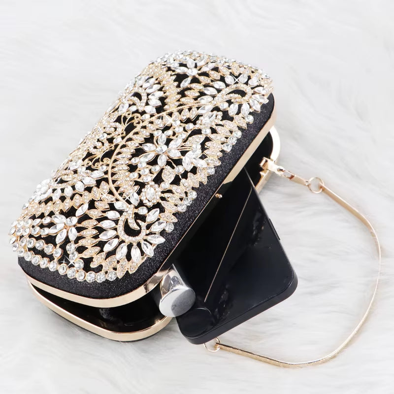 Diamond Evening Clutch for Women Wedding Mini Purse Chain Shoulder Bag Small Hollow Out Flowers Crystal Party Handbag