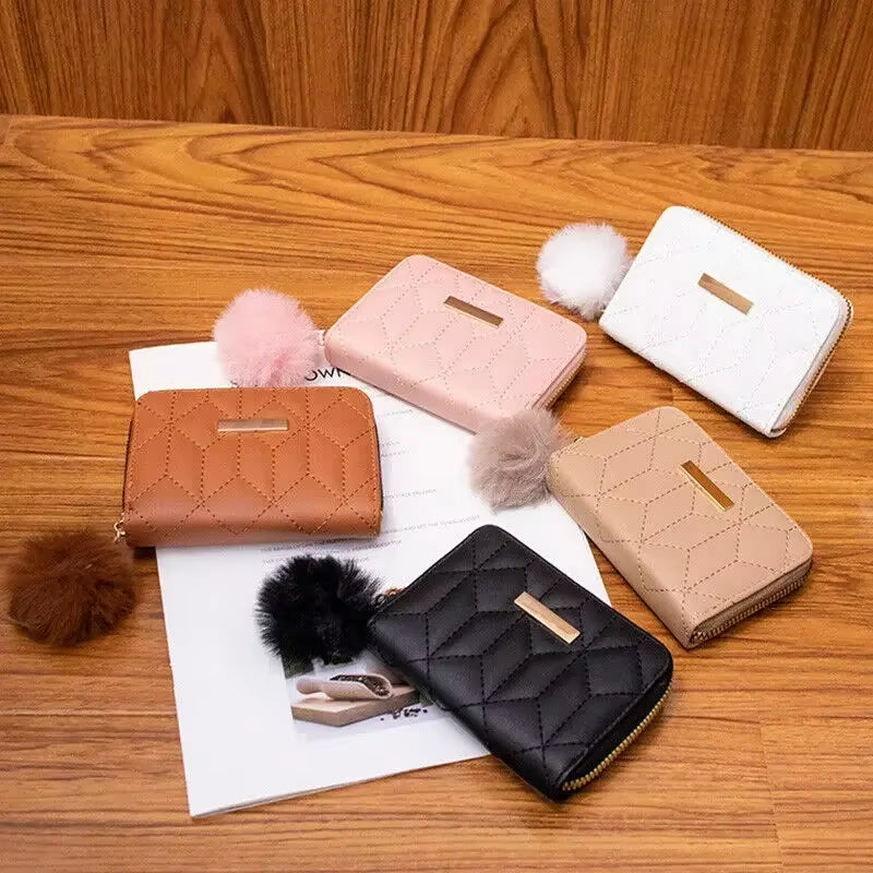 Simple Fashion Short Wallets for Women Coin Purse with Plush Pendant Card ID Holders Money Bag Bolso De Mujer Bolsa Feminina