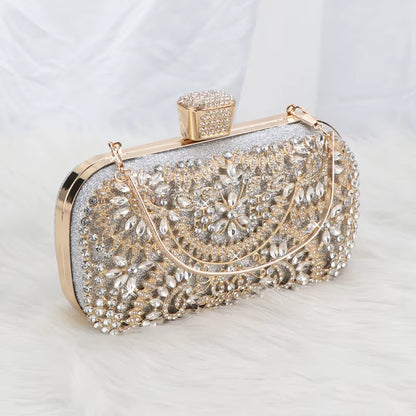 Diamond Evening Clutch for Women Wedding Mini Purse Chain Shoulder Bag Small Hollow Out Flowers Crystal Party Handbag