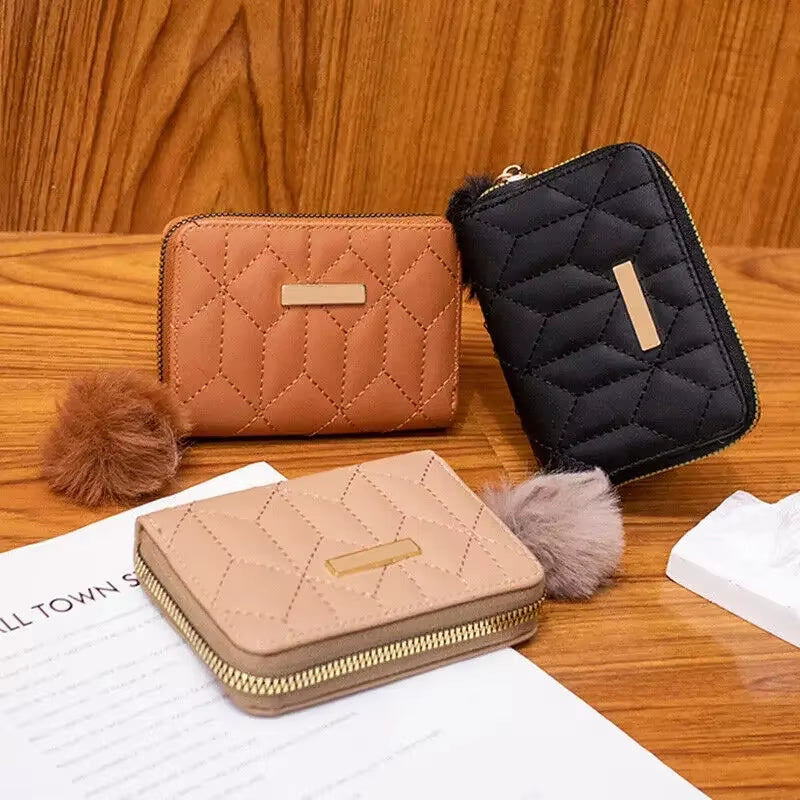 Simple Fashion Short Wallets for Women Coin Purse with Plush Pendant Card ID Holders Money Bag Bolso De Mujer Bolsa Feminina