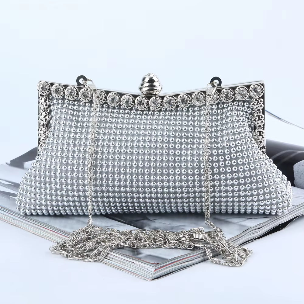 Evening Gold Clutch Bag Glitter Bead DESIGN Elegant Woman Party Bags Vintage Fashion Bridal Purse Silver Handbags Night Bag