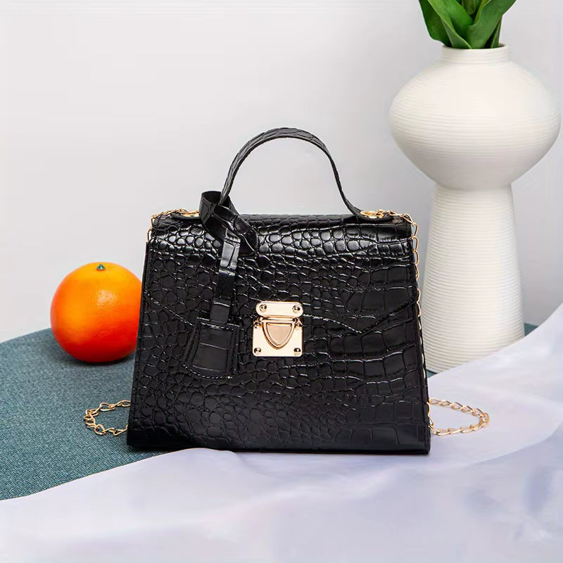 Chic Crocodile-Embossed Mini Handbag for Women Solid Color, Twist Lock Closure Handbags Women Designer Tote Bag for Women Purse